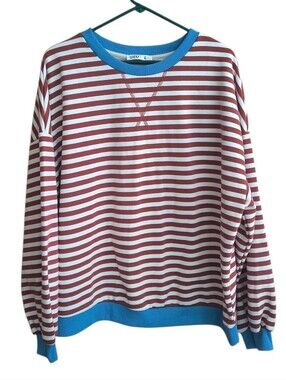 UEU Red & White Striped Oversized Sweatshirt With Blue Trim Size L